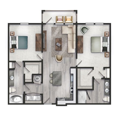Floor plan for 2 beds, 2 baths, 1125 sqft